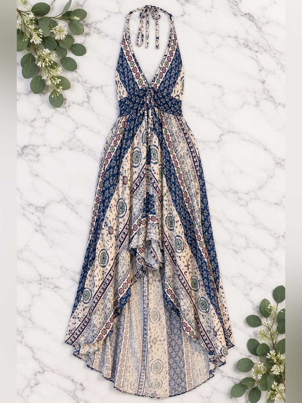 NWT Angie Boho High Low Maxi Dress Ivory Blue Halter Size S